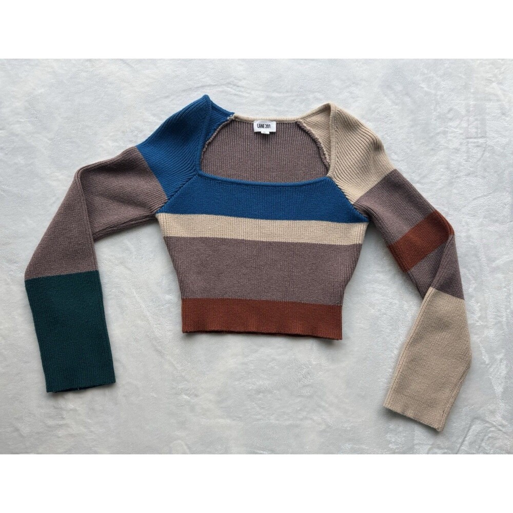 Lane 201 Size M Square Neck Ribbed Knit Sweater Crop Neutral Wide Stripe Fall